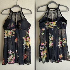 Intimate Black and Pink Floral Lace Chemise Babydoll Women's Plus Size 2X/2XG